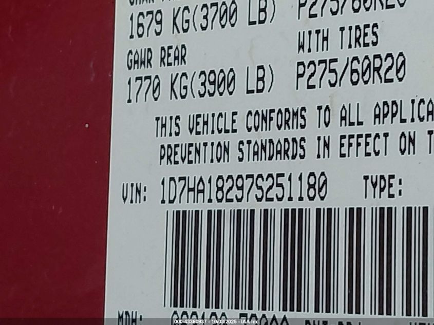 2007 Dodge Ram 1500 Slt VIN: 1D7HA18297S251180 Lot: 43360937