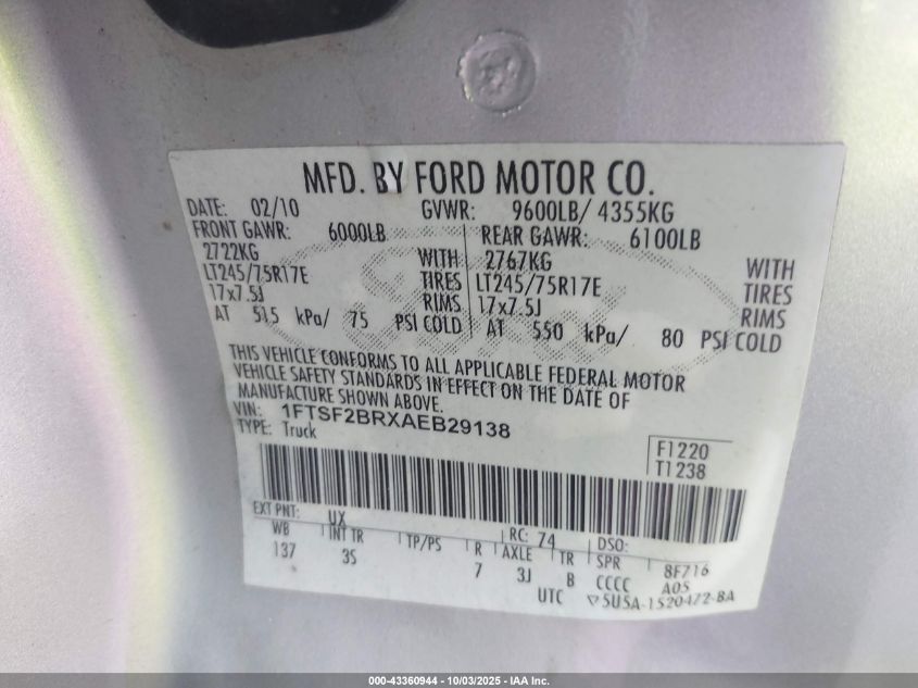 2010 Ford F-250 Xl VIN: 1FTSF2BRXAEB29138 Lot: 43360944
