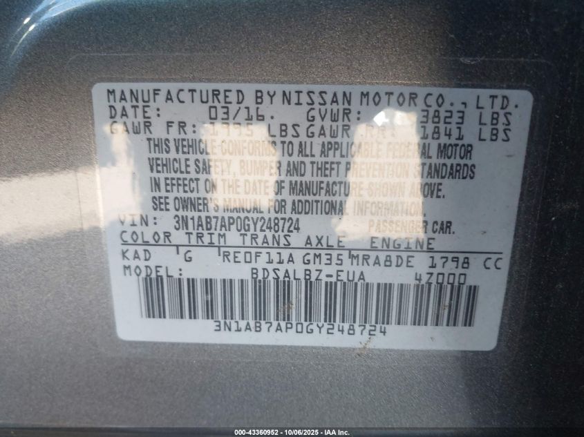 2016 Nissan Sentra Fe+ S/S/Sl/Sr/Sv VIN: 3N1AB7AP0GY248724 Lot: 43360952