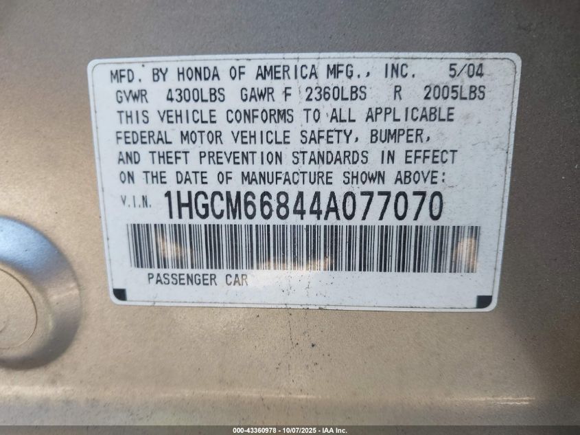 2004 Honda Accord 3.0 Ex VIN: 1HGCM66844A077070 Lot: 43360978