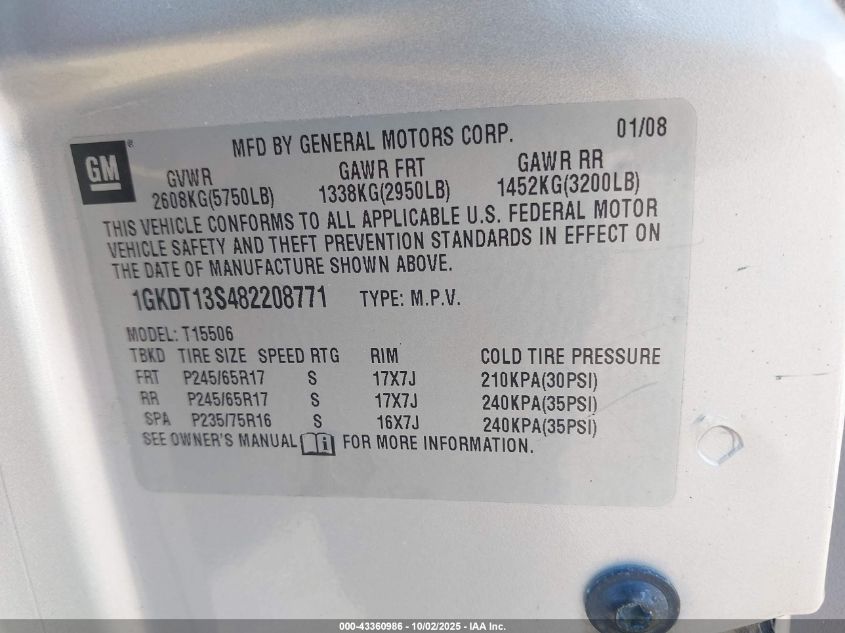 2008 GMC Envoy Sle VIN: 1GKDT13S482208771 Lot: 43360986