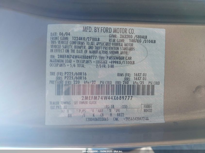 2004 Mercury Grand Marquis Gs VIN: 2MEFM74W44X689777 Lot: 43360998