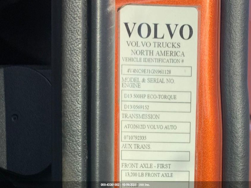 2016 Volvo Vn Vnl VIN: 4V4NC9EJ1GN961128 Lot: 43361002