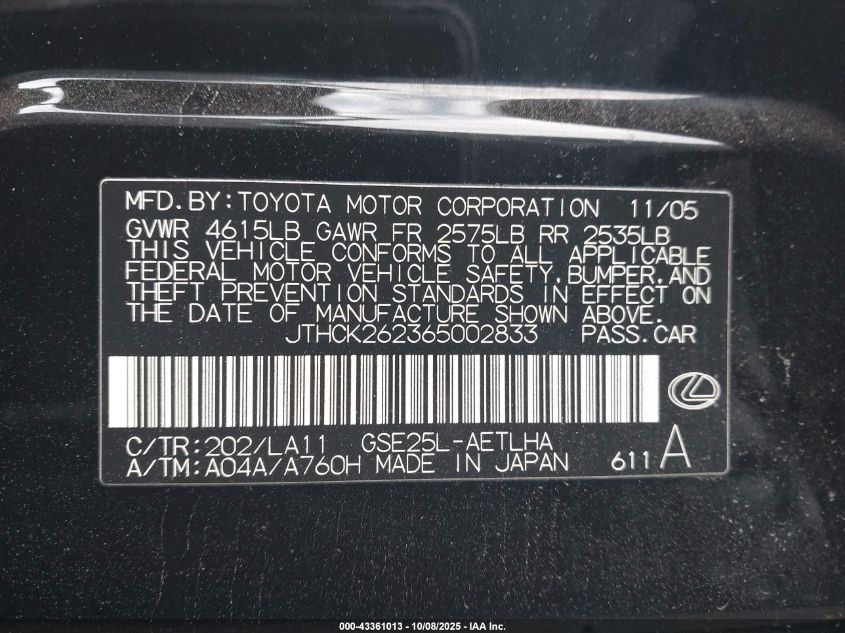 2006 Lexus Is 250 VIN: JTHCK262365002833 Lot: 43361013