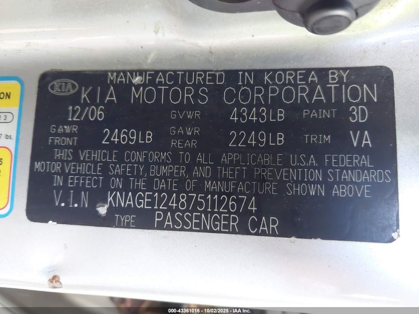 2007 Kia Optima Ex V6 VIN: KNAGE124875112674 Lot: 43361016