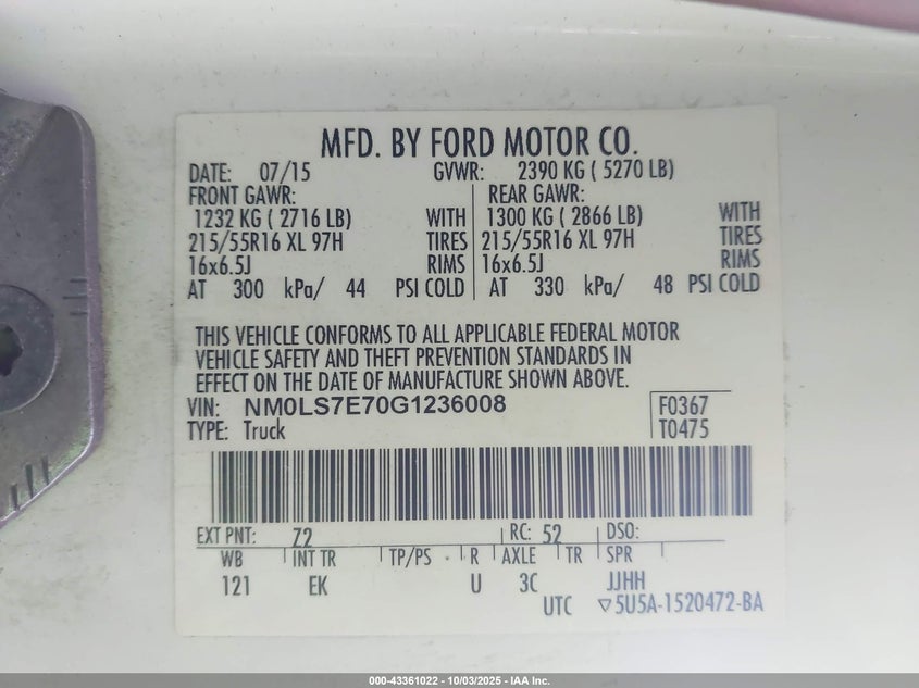 2016 Ford Transit Connect Xl VIN: NM0LS7E70G1236008 Lot: 43361022