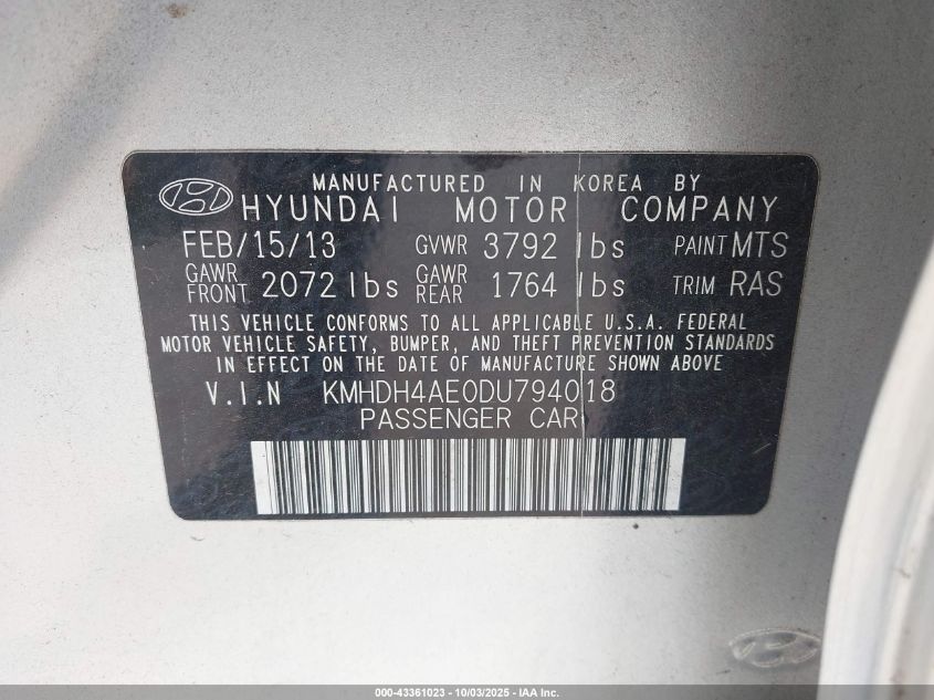 2013 Hyundai Elantra Limited VIN: KMHDH4AE0DU794018 Lot: 43361023