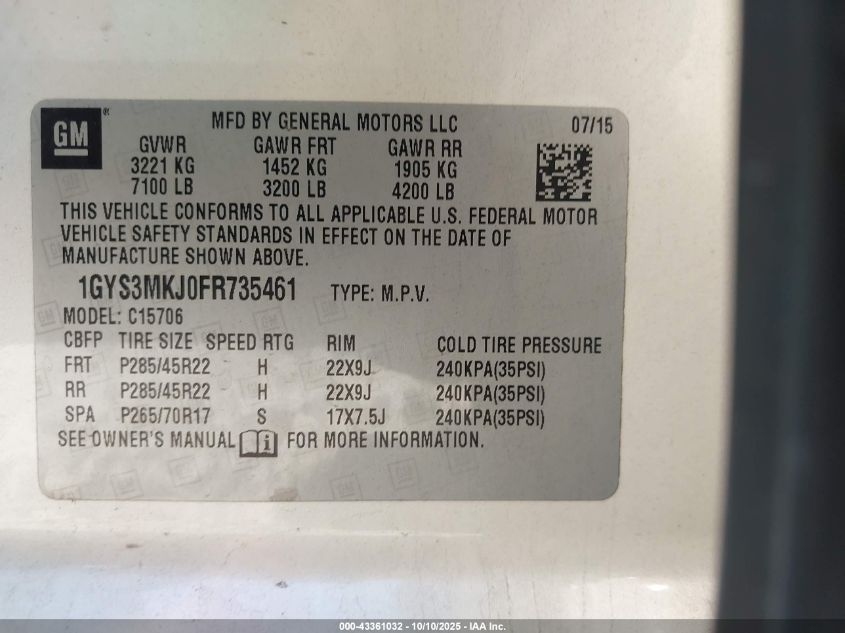 2015 Cadillac Escalade Luxury VIN: 1GYS3MKJ0FR735461 Lot: 43361032