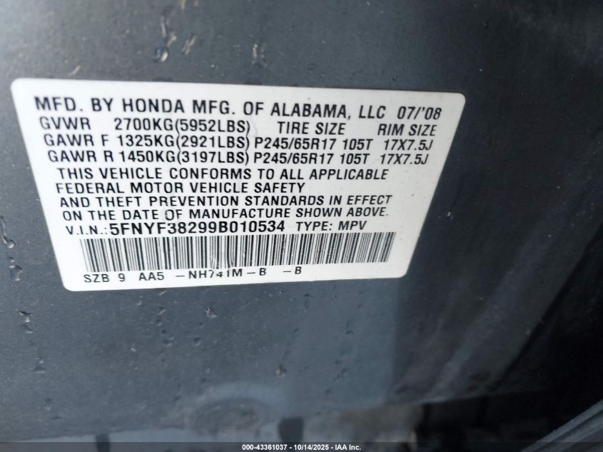 2009 Honda Pilot Lx VIN: 5FNYF38299B010534 Lot: 43361037