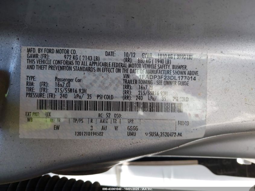 2013 Ford Focus Se VIN: 1FADP3F23DL177014 Lot: 43361040