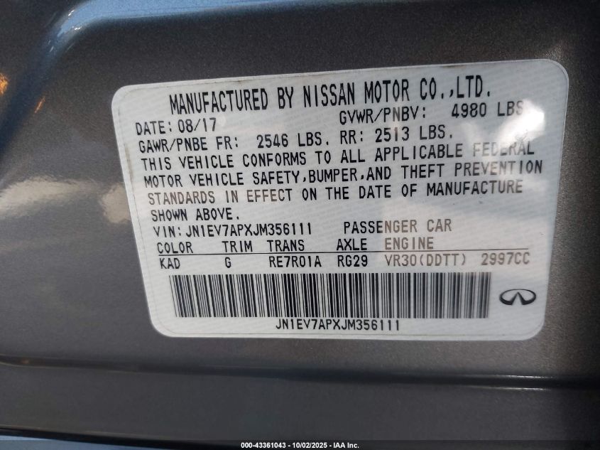 2018 Infiniti Q50 3.0T Luxe VIN: JN1EV7APXJM356111 Lot: 43361043