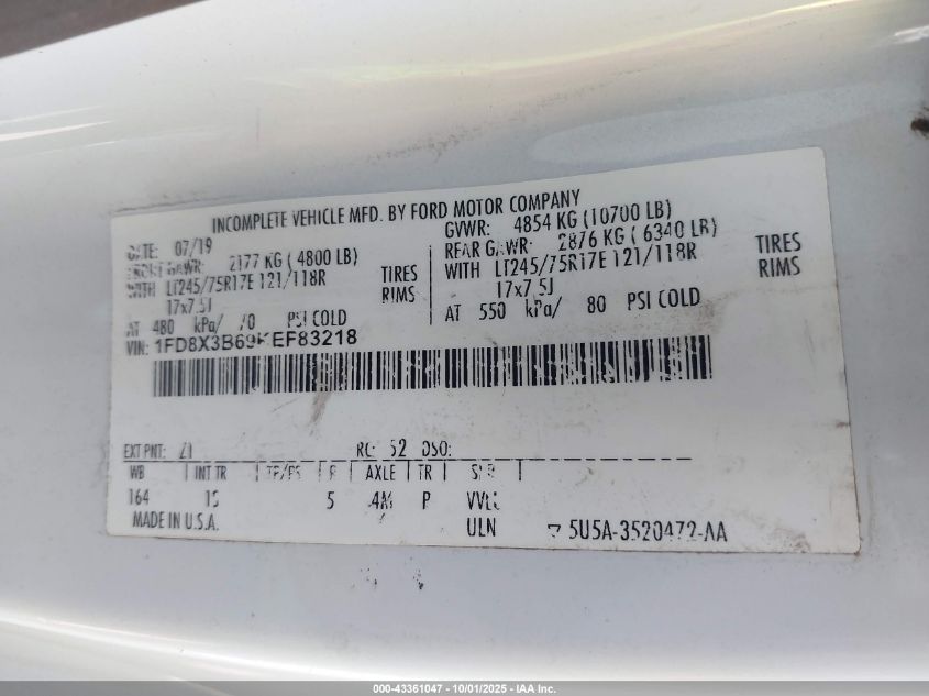 2019 Ford F-350 Xl VIN: 1FD8X3B69KEF83218 Lot: 43361047