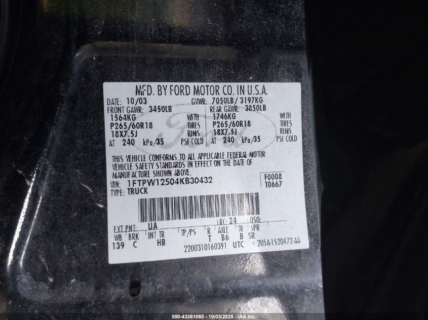 2004 Ford F-150 Lariat/Xlt VIN: 1FTPW12504KB30432 Lot: 43361060