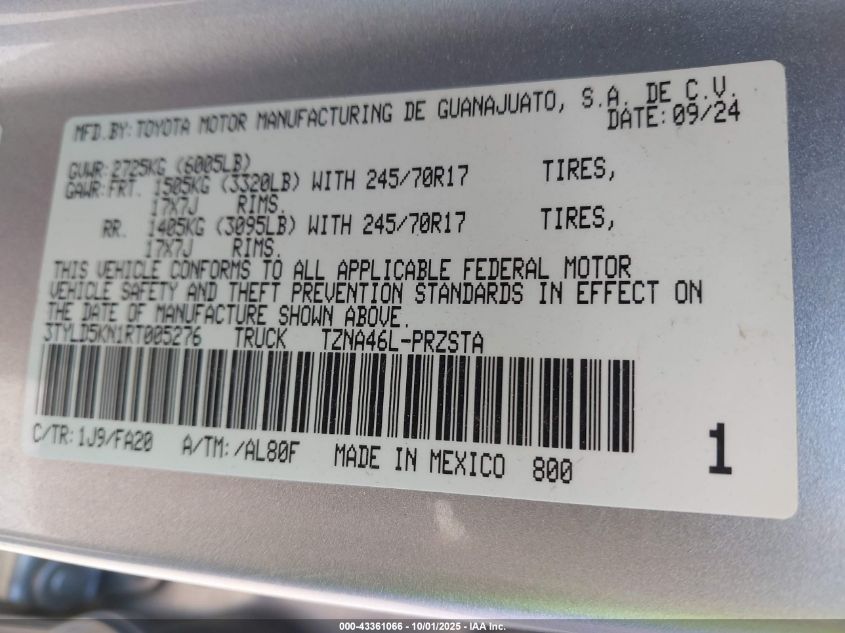 2024 Toyota Tacoma Sr 4Wd VIN: 3TYLD5KN1RT005276 Lot: 43361066