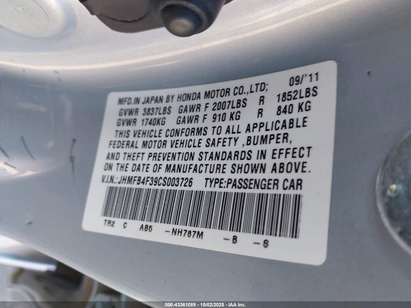 2012 Honda Civic Hybrid VIN: JHMFB4F39CS003726 Lot: 43361089