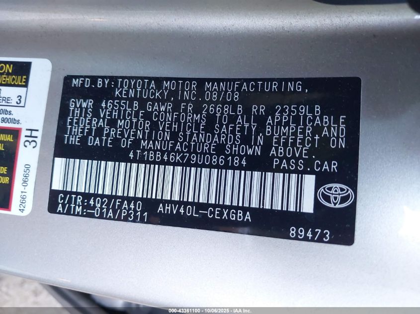 2009 Toyota Camry Hybrid VIN: 4T1BB46K79U086184 Lot: 43361100