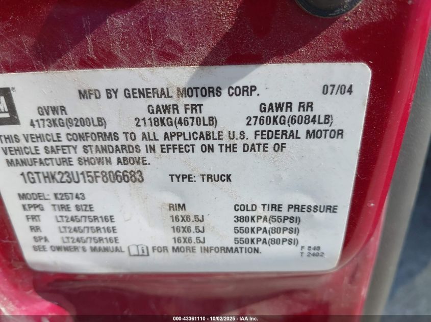 2005 GMC Sierra 2500Hd Slt VIN: 1GTHK23U15F806683 Lot: 43361110