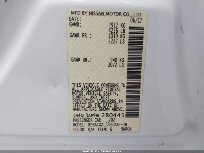 2017 Nissan Altima 2.5 S VIN: 1N4AL3AP9HC280445 Lot: 43361133