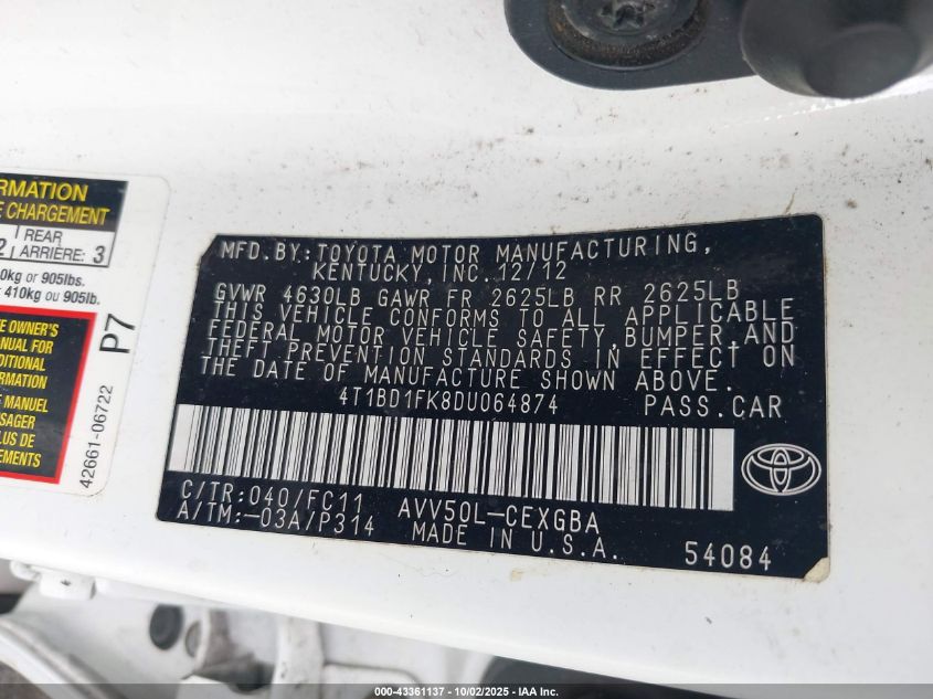 2013 Toyota Camry Hybrid Xle VIN: 4T1BD1FK8DU064874 Lot: 43361137