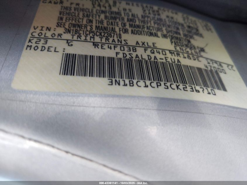 2012 Nissan Versa 1.8 S VIN: 3N1BC1CP5CK236710 Lot: 43361141