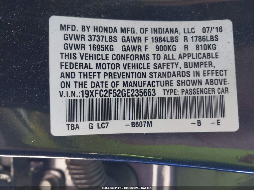 2016 Honda Civic Lx VIN: 19XFC2F52GE235663 Lot: 43361142