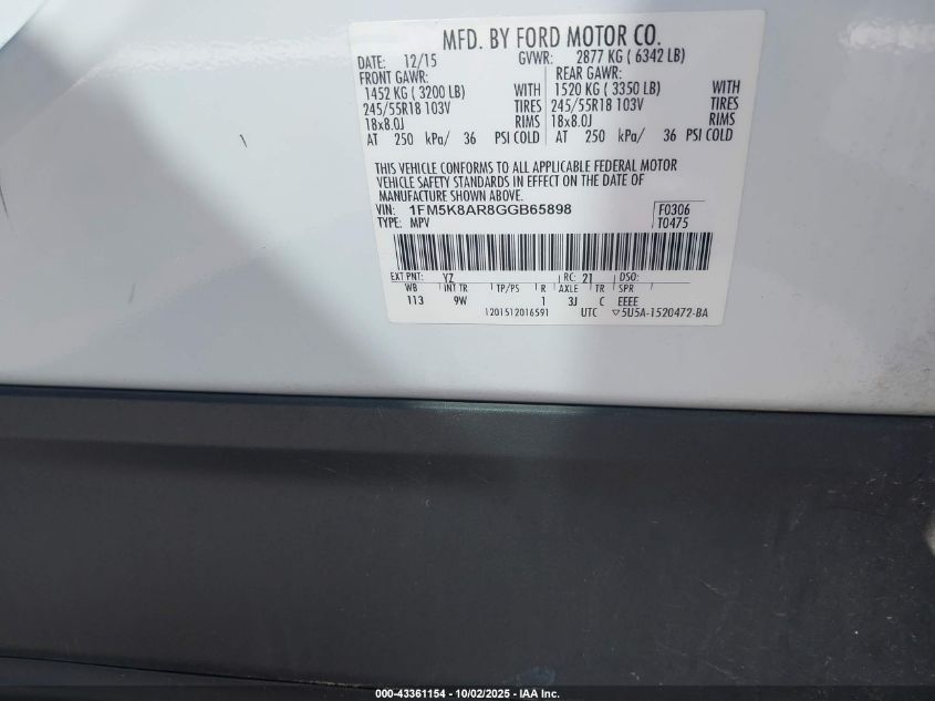 2016 Ford Police Interceptor VIN: 1FM5K8AR8GGB65898 Lot: 43361154