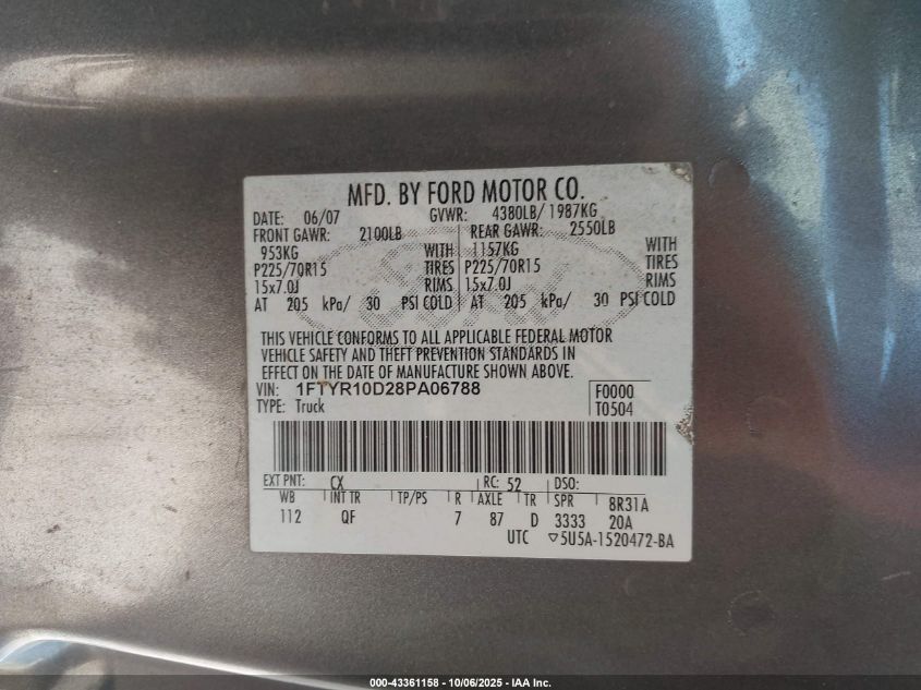 2008 Ford Ranger Xl/Xlt VIN: 1FTYR10D28PA06788 Lot: 43361158