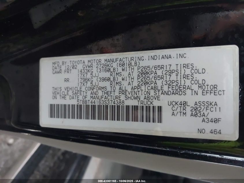 2003 Toyota Tundra Sr5 V8 VIN: 5TBBT44163S374388 Lot: 43361165