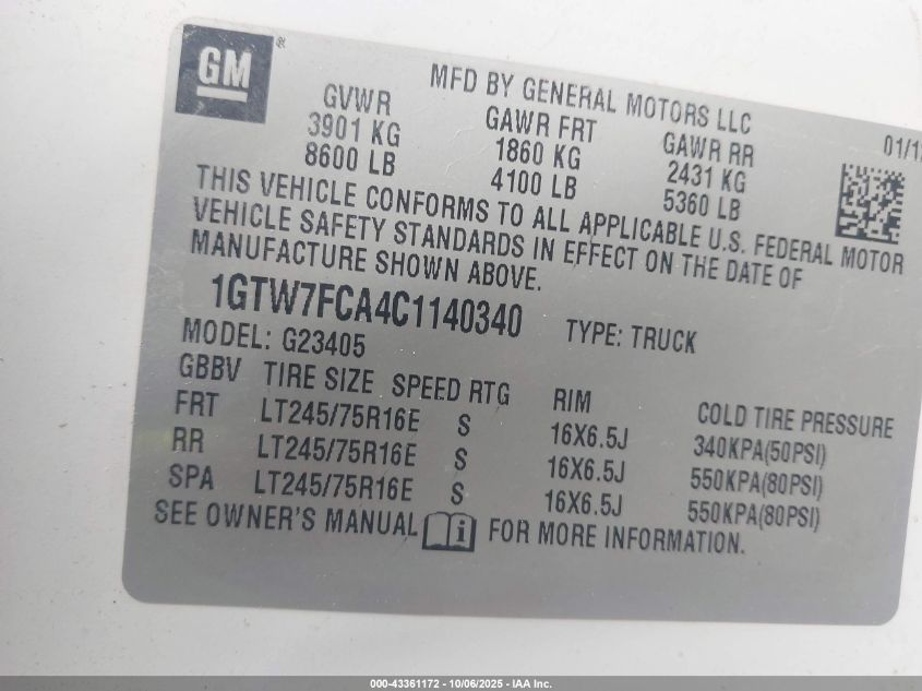 2012 GMC Savana 2500 Work Van VIN: 1GTW7FCA4C1140340 Lot: 43361172