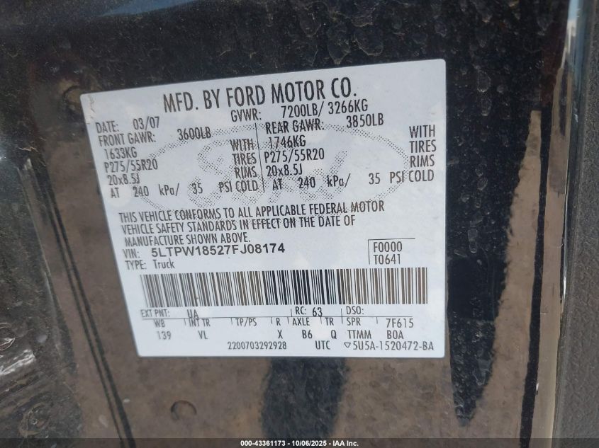 2007 Lincoln Mark Lt VIN: 5LTPW18527FJ08174 Lot: 43361173