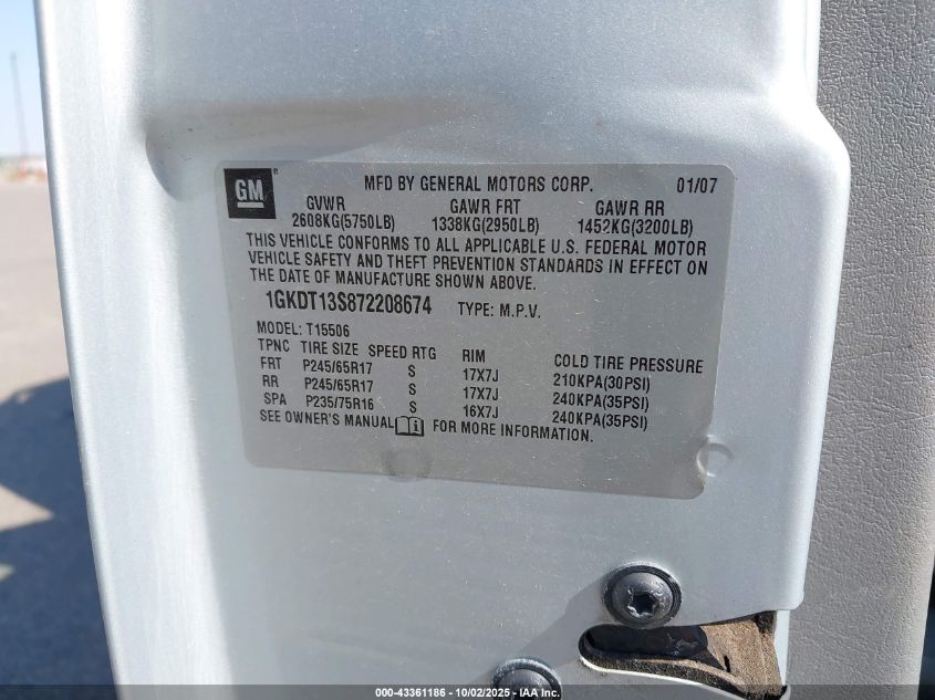 2007 GMC Envoy Slt VIN: 1GKDT13S872208674 Lot: 43361186