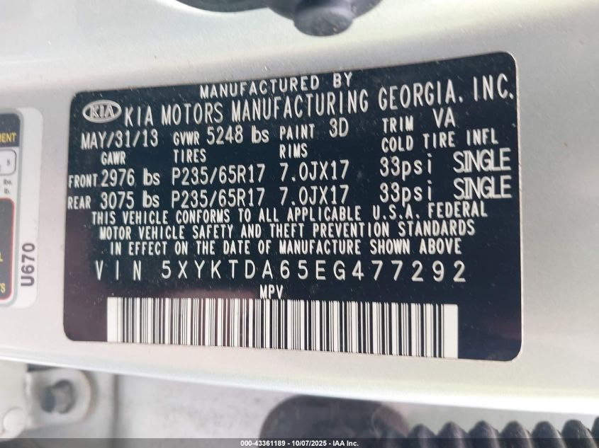 2014 Kia Sorento Lx VIN: 5XYKTDA65EG477292 Lot: 43361189