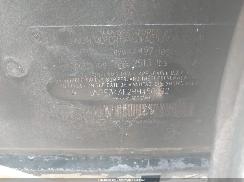 2017 HYUNDAI SONATA SPORT - 5NPE34AF2HH450092