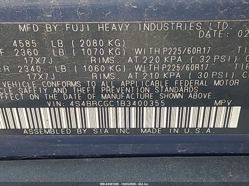 2011 Subaru Outback 2.5I Premium VIN: 4S4BRCGC1B3400355 Lot: 43361208