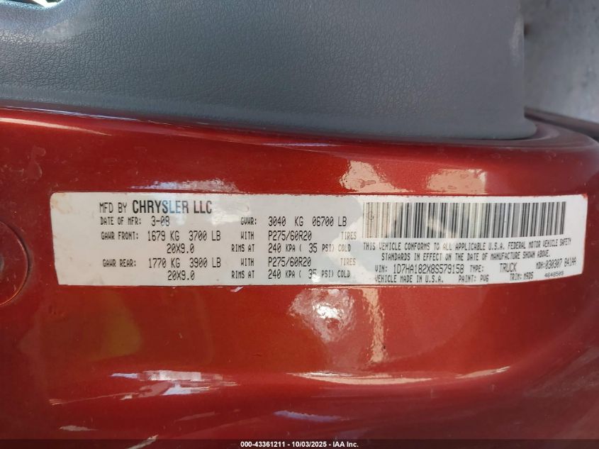 2008 Dodge Ram 1500 Slt VIN: 1D7HA182X8S579158 Lot: 43361211