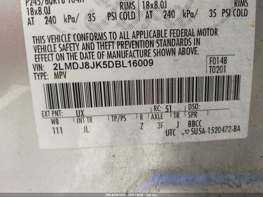 2013 LINCOLN MKX - 2LMDJ8JK5DBL16009