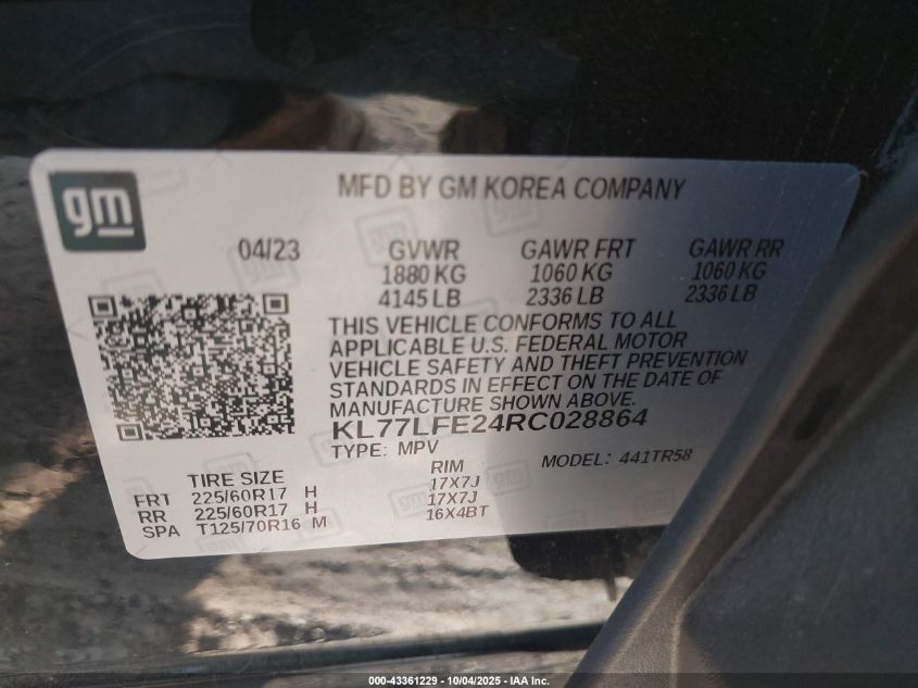 2024 Chevrolet Trax Fwd Sp VIN: KL77LFE24RC028864 Lot: 43361229