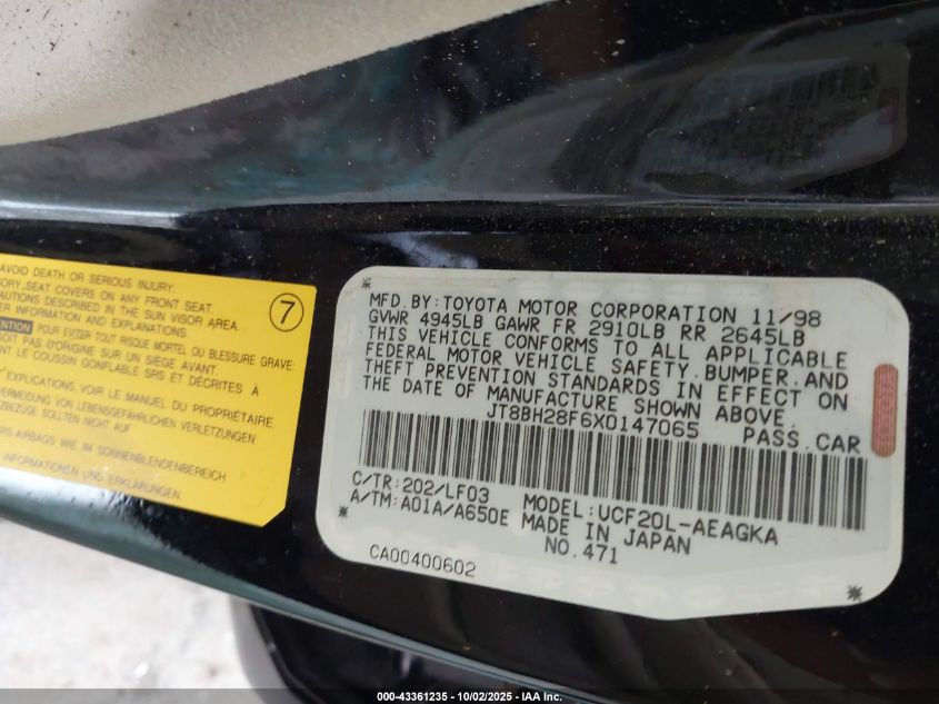 1999 Lexus Ls 400 VIN: JT8BH28F6X0147065 Lot: 43361235