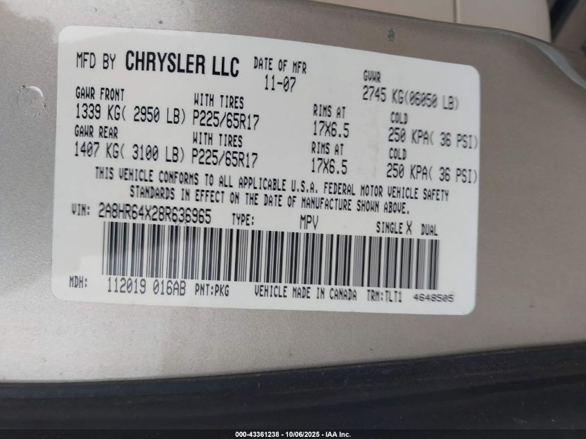 2008 Chrysler Town & Country Limited VIN: 2A8HR64X28R636965 Lot: 43361238