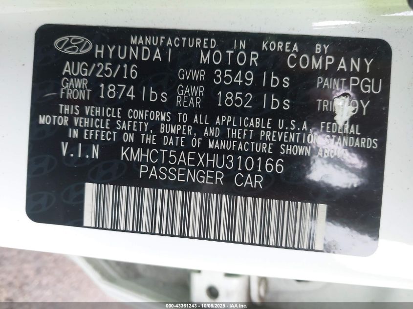 2017 Hyundai Accent Se VIN: KMHCT5AEXHU310166 Lot: 43361243