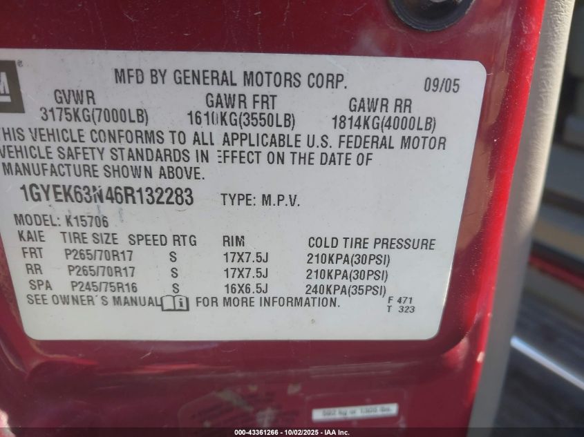 2006 Cadillac Escalade Standard VIN: 1GYEK63N46R132283 Lot: 43361266