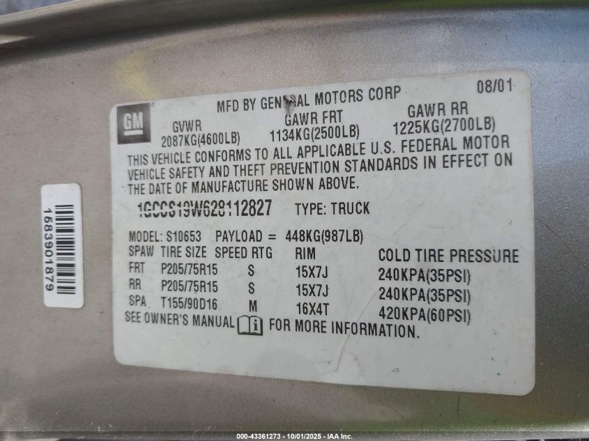 2002 Chevrolet S-10 Ls VIN: 1GCCS19W628112827 Lot: 43361273