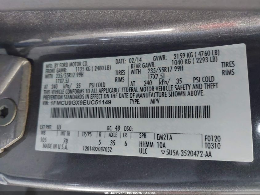 2014 Ford Escape Se VIN: 1FMCU9GX9EUC51149 Lot: 43361277