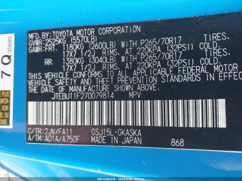 2007 Toyota Fj Cruiser VIN: JTEBU11F270079814 Lot: 43361279