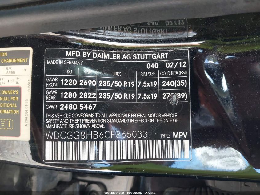 2012 Mercedes-Benz Glk 350 4Matic VIN: WDCGG8HB6CF865033 Lot: 43361282