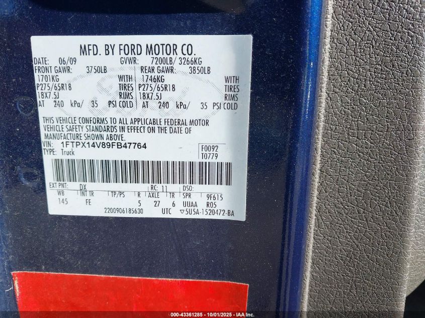 2009 Ford F-150 Fx4/Lariat/Xl/Xlt VIN: 1FTPX14V89FB47764 Lot: 43361285
