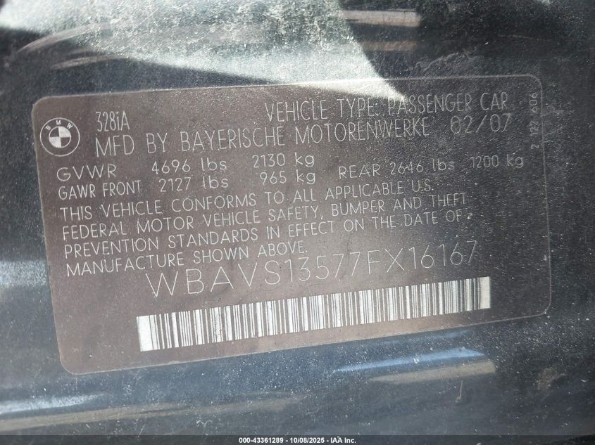 2007 BMW 328I VIN: WBAVS13577FX16167 Lot: 43361289