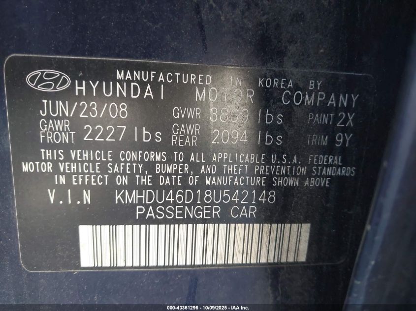 2008 Hyundai Elantra Gls/Se VIN: KMHDU46D18U542148 Lot: 43361296