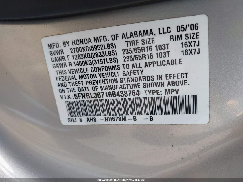 2006 Honda Odyssey Ex-L VIN: 5FNRL38716B438764 Lot: 43361298