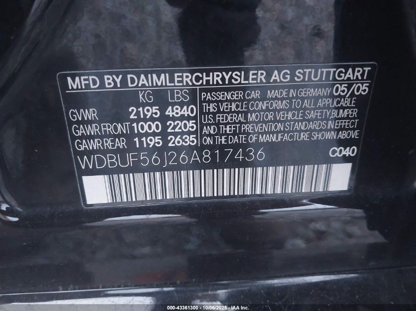 2006 Mercedes-Benz E 350 VIN: WDBUF56J26A817436 Lot: 43361300
